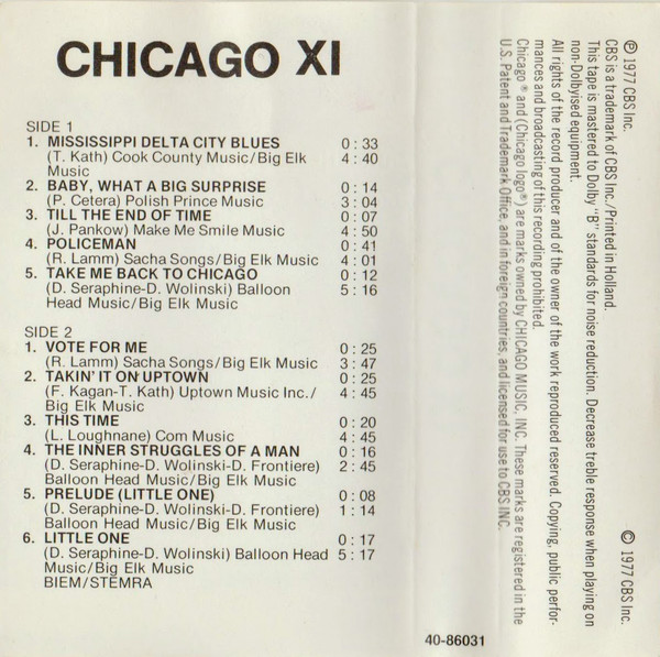 Chicago XI - Cassetten-Inlay-Rückseite Placeholder image